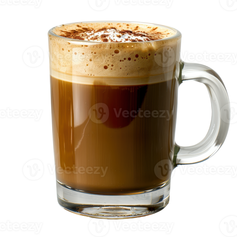 Creamy coffee latte with rich foamy texture and chocolate sprinkle on top in glass mug png