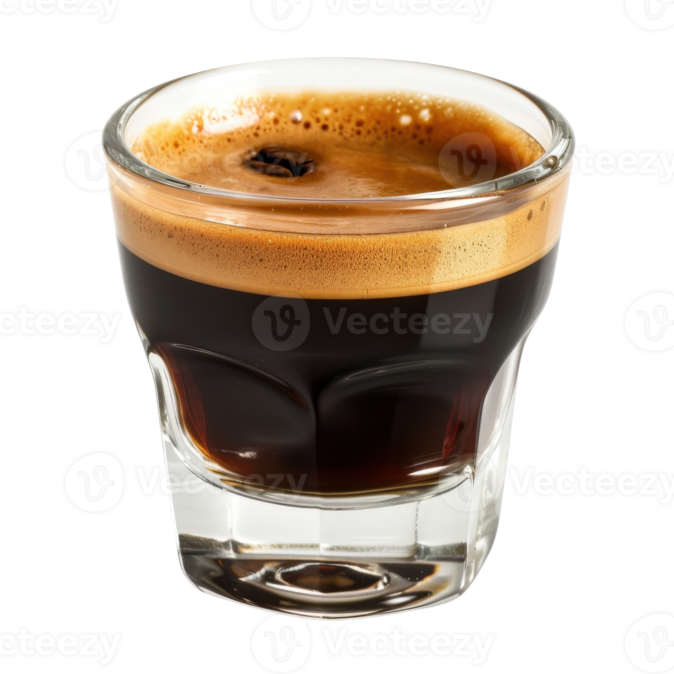 Close-Up View of Rich Espresso Coffee in Clear Glass Cup with Creamy Foamy Texture png