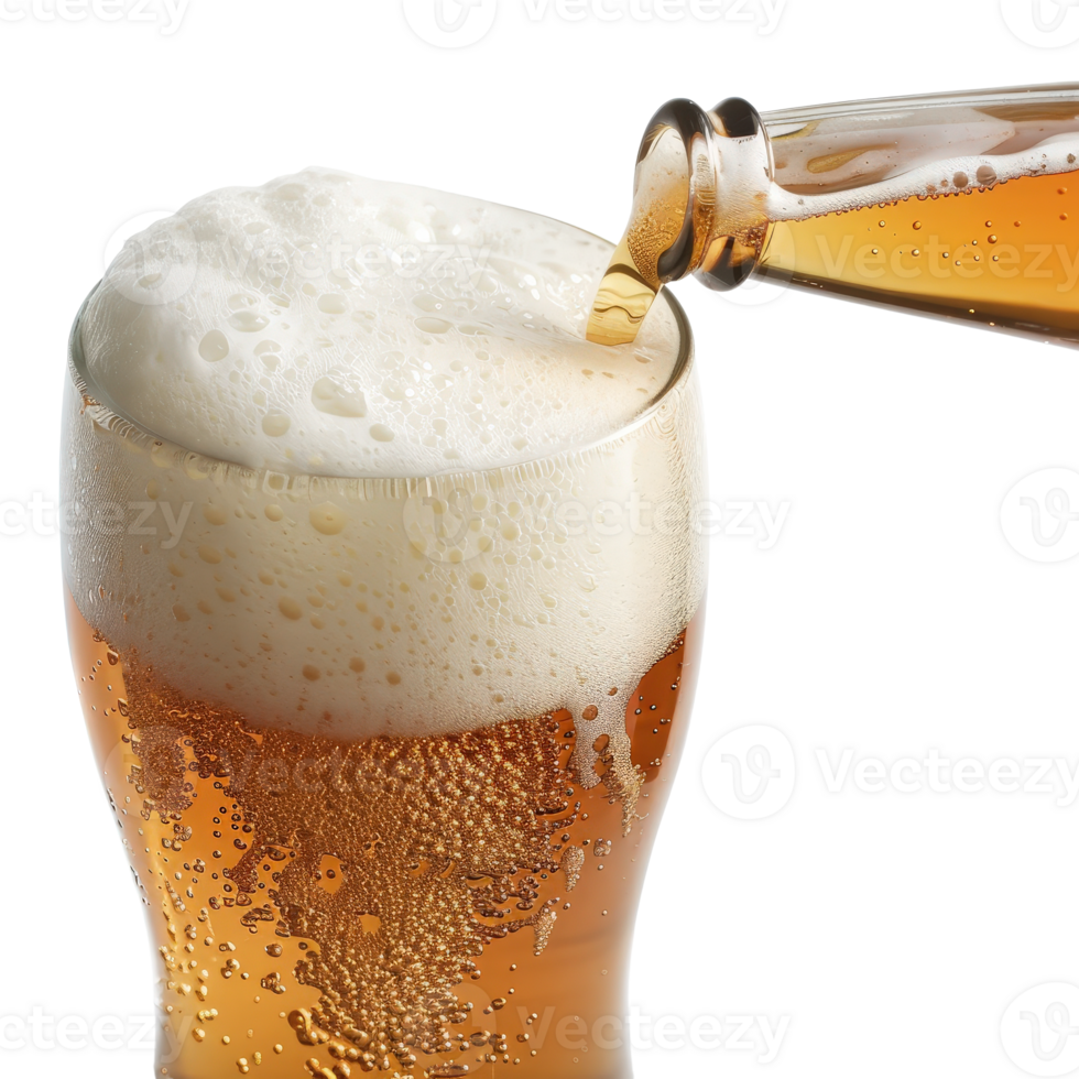 Refreshing Golden Beer with Foamy Head and Bottle Pouring in a Bright Setting png