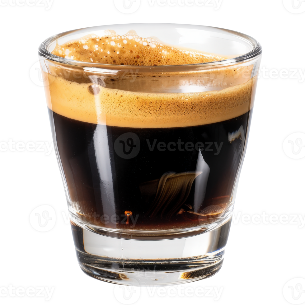 Freshly Brewed Espresso Shot with Rich Crema in a Clear Glass on a Black Background png