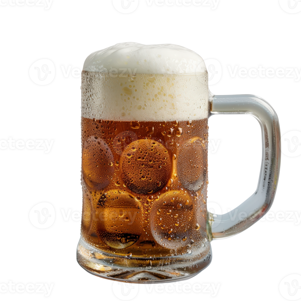 Cold Glass Mug of Beer with Foam and Bubbles Reflecting Light in a Refreshing Beverage Scene png
