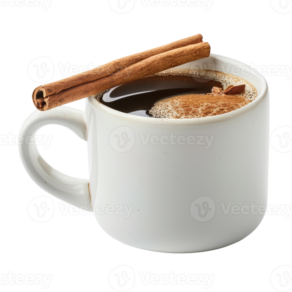 Hot Coffee in White Mug with Cinnamon Stick on Top for Cozy Beverage Inspiration png