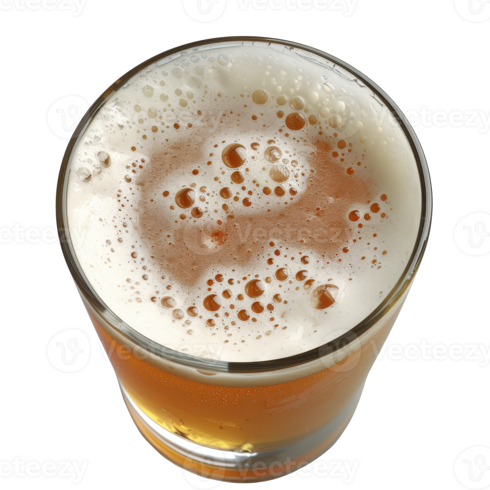 Refreshing Golden Beer with Frothy Head and Bubbles in Clear Glass from Top View Perspective png