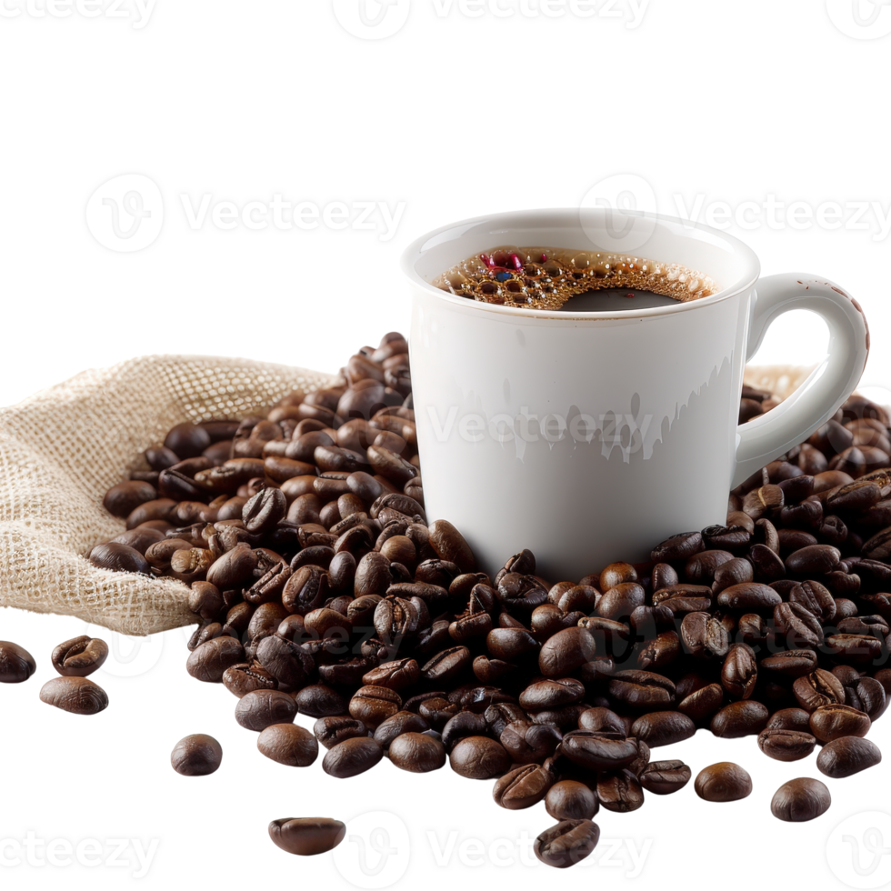 Freshly Brewed Coffee Surrounded by Roasted Coffee Beans on a Rustic Background png