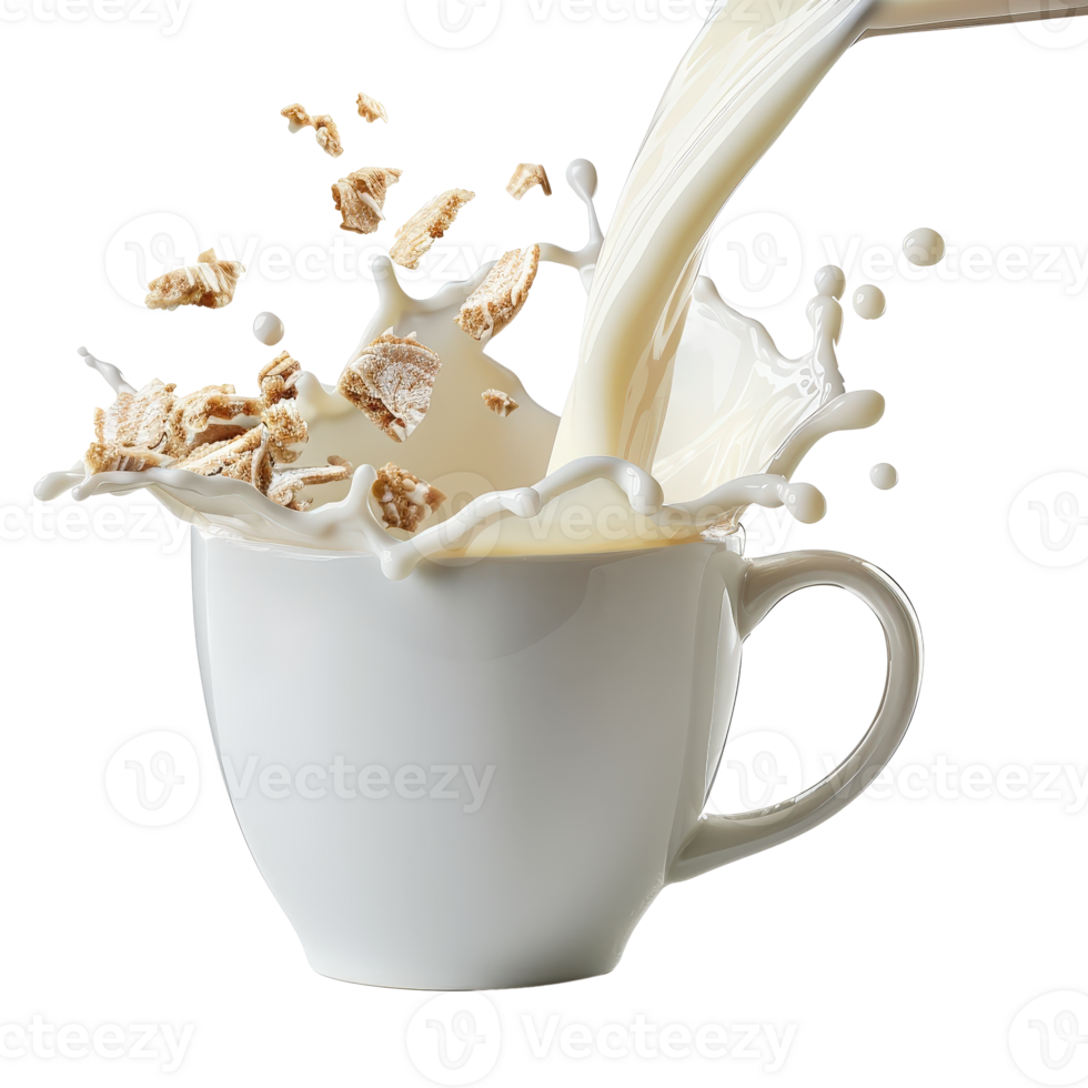 Splashing Milk and Grainy Cereal in White Bowl on Bright Background png