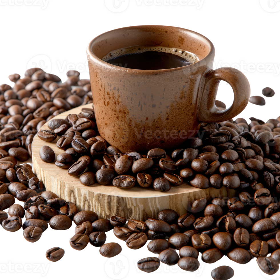 Hot Coffee Cup Surrounded by Coffee Beans on Wooden Board with Rustic Background png
