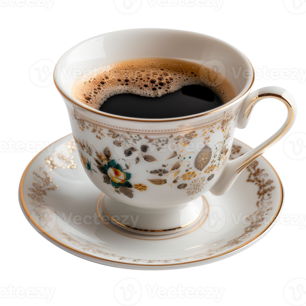 Elegant porcelain coffee cup with intricate floral design on fine china saucer png
