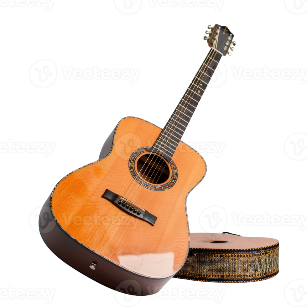 Beautiful Acoustic Guitar with Glossy Finish and Decorative Rosette on a White Background png