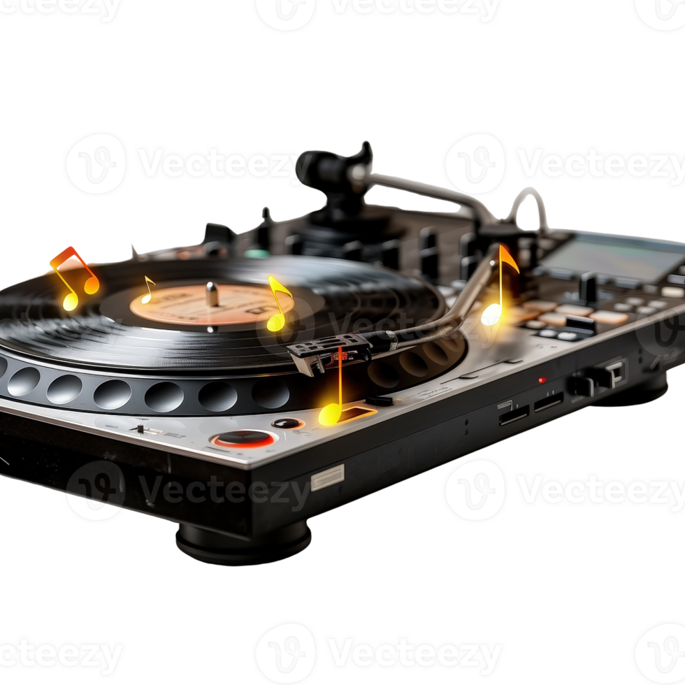 Vintage turntable with vinyl record and music notes on a dark background showcasing nostalgia png