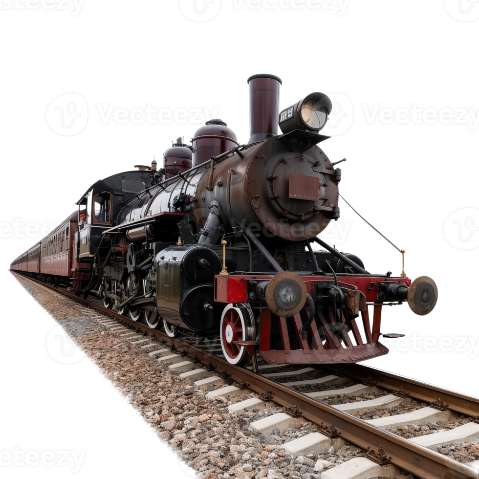 Vintage steam locomotive with passenger car on railway track in a scenic rural landscape png