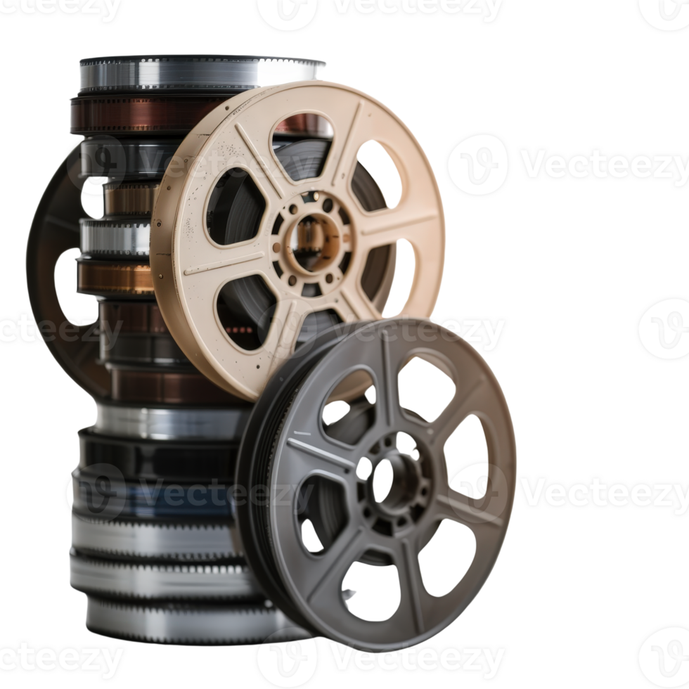 Vintage Film Reels Stacked on Each Other with Detailed Spools and Multi-Colored Tones png