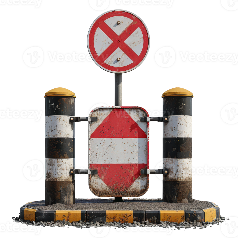 Weathered railway crossing sign with caution barriers in an outdoor urban environment png