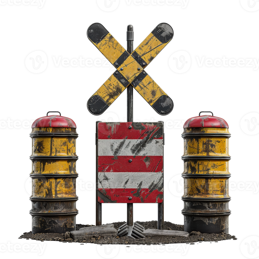 Weathered Railroad Crossing Sign with Cones in Urban Setting Near Old Tracks and Ground Elements png