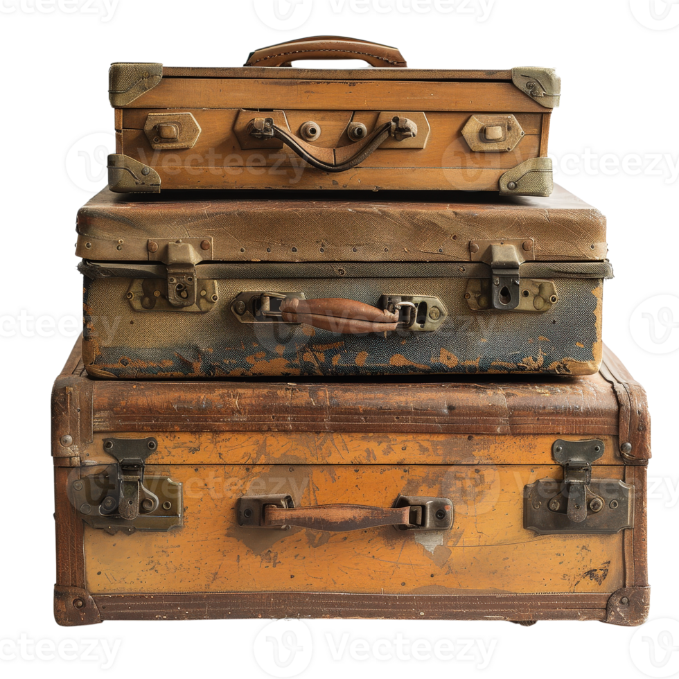 Vintage Travel Suitcases Stacked on Each Other in Rustic Style for Nostalgic Journey Atmosphere png