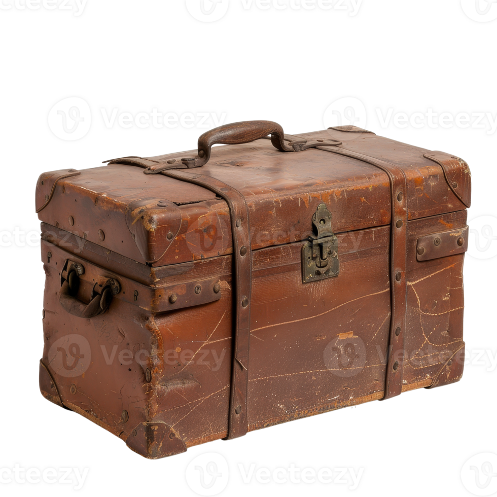 Vintage Brown Leather Suitcase Travel Luggage with Weathered Texture and Metal Buckles png