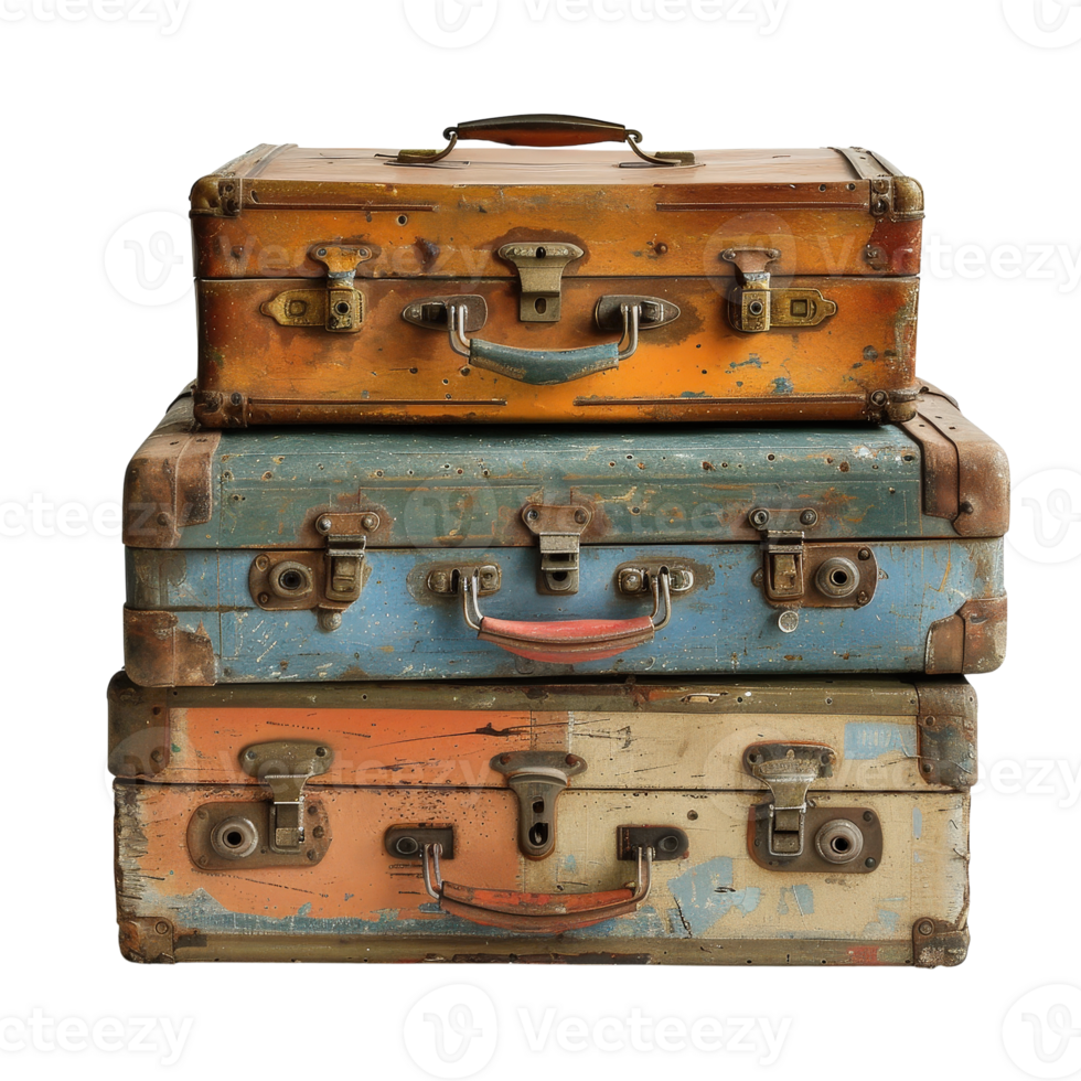 Vintage Suitcase Stack in Various Colors with Worn-Out Texture and Retro Design png