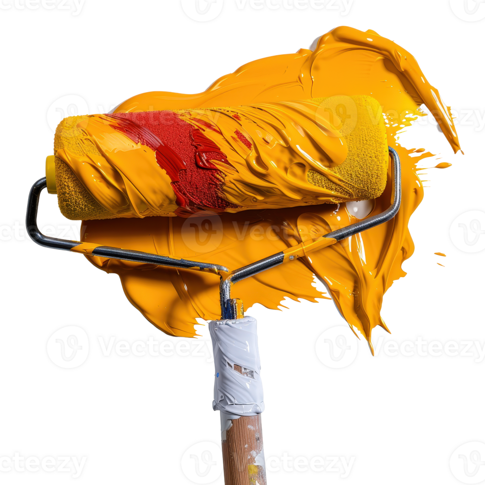 Vibrant Paint Roller with Bright Yellow and Red Paint Strokes . png