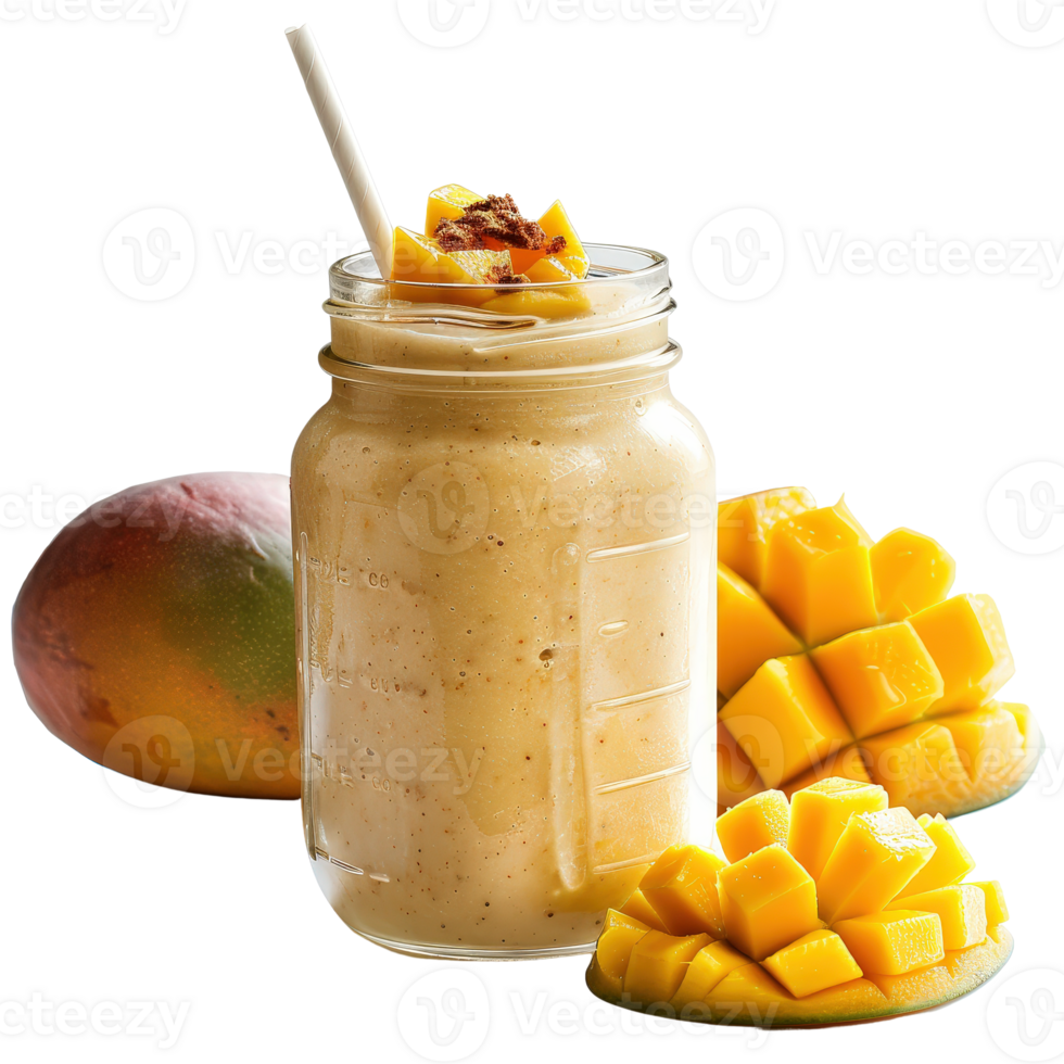 Refreshing Mango Smoothie in Mason Jar with Fresh Mango Pieces and Garnish png