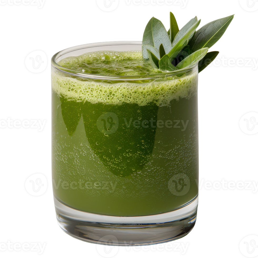 Fresh Green Smoothie in a Clear Glass with Leaf Garnish on a Light Background png