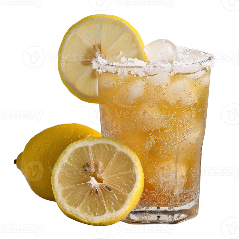 Refreshing Lemonade with Ice in a Glass and Sliced Lemons on a Light Background png