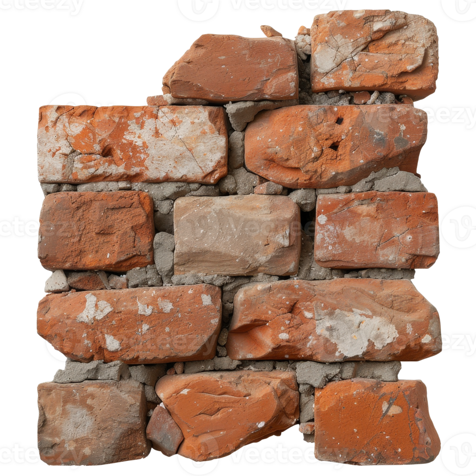 Close-Up View of Old Red Brick Wall with Distressed Texture and Cracked Mortar Sections png