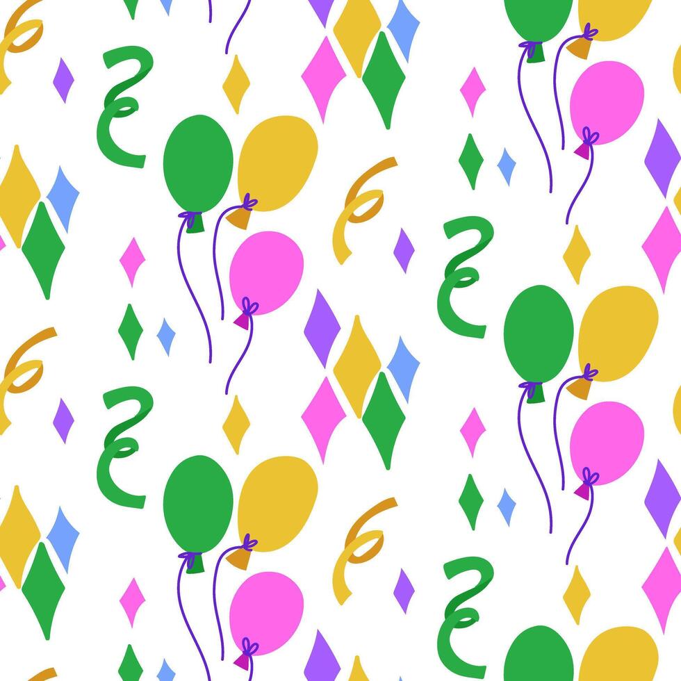 pattern of diamonds, balloons, confetti in Mardi Gras colors. Seamless texture for carnival celebrations, festivals and vibrant celebrations. It is used in design, decor, events and celebrations. vector