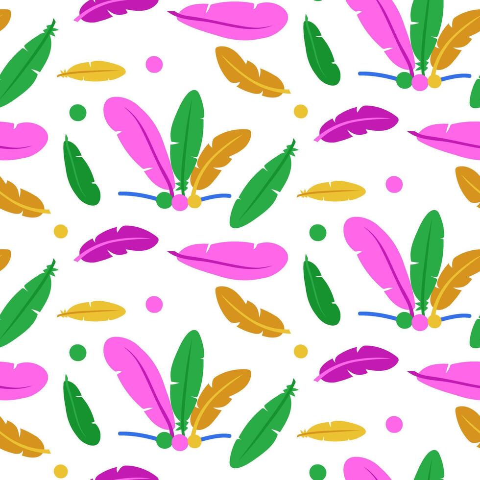 Pattern of jewelry made of beads and feathers. the colors of Mardi Gras. Seamless texture on a white background. Suitable for use in the design of accessories, costume jewelry, decorations for parties vector