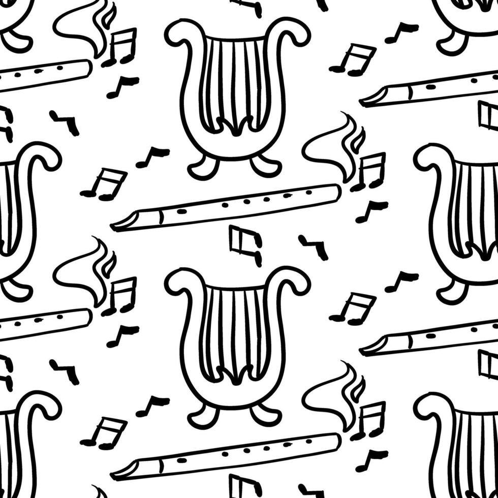 pattern of magical harp and pipe in doodle style. Magical musical instruments. Suitable for projects related to music, fantasy, magic. It will perfectly complement books, games, posters, atmosphere vector