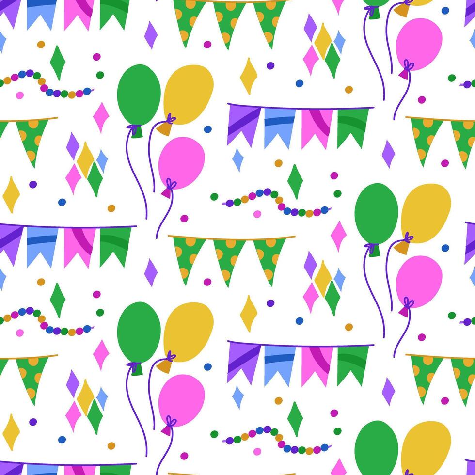 pattern of diamonds, balloons, confetti, flags in Mardi Gras colors. Seamless texture for carnivals, festivals and vibrant celebrations. It is used in the design, decoration of events and celebrations vector