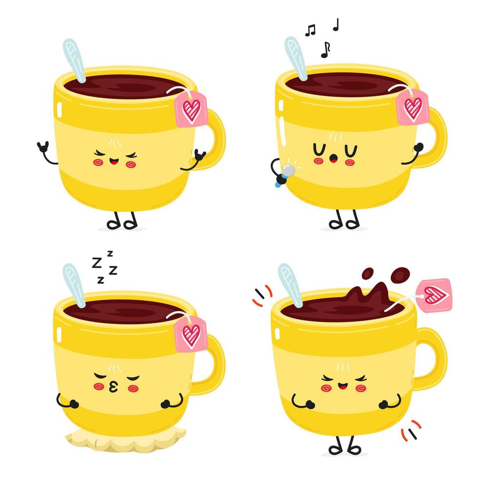 Four cartoon tea cups illustrate various activities and emotions, conveying a fun and delightful message. vector