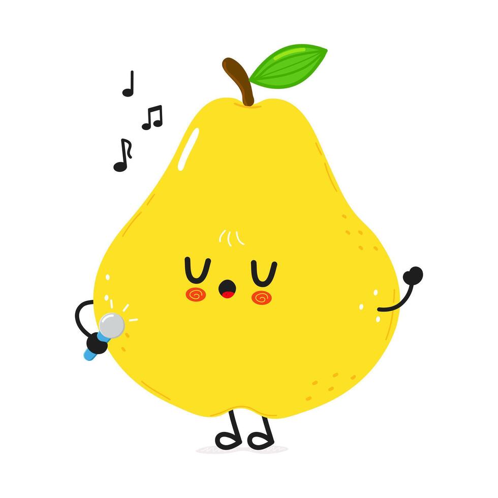 A cheerful yellow pear is happily singing into a microphone with musical notes floating around it. vector