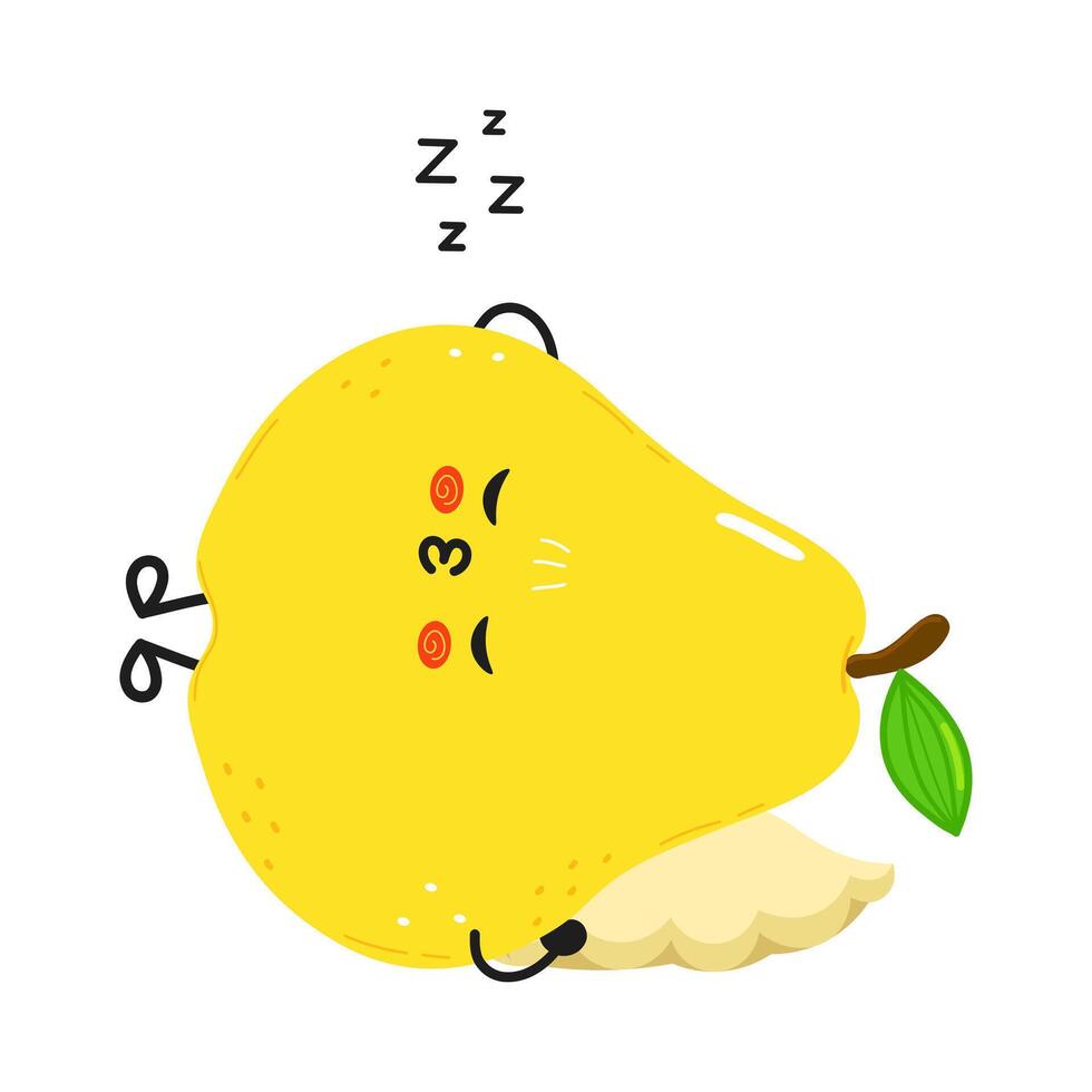 Cute yellow pear cartoon character is sleeping soundly on a pillow, complete with zzz floating above its head, isolated on white. vector