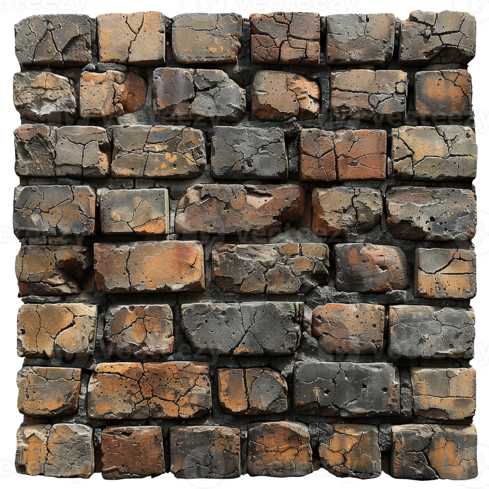 Textured Wall of Weathered Brick with Cracks and Varied Colors in a Rustic Setting png