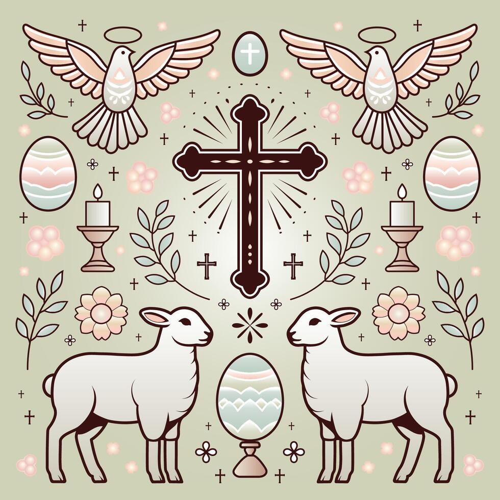 Easter Symbols Symmetrical Illustration. Greeting Card with traditional Easter symbols, including eggs, lambs, candles, a cross and doves on green background vector