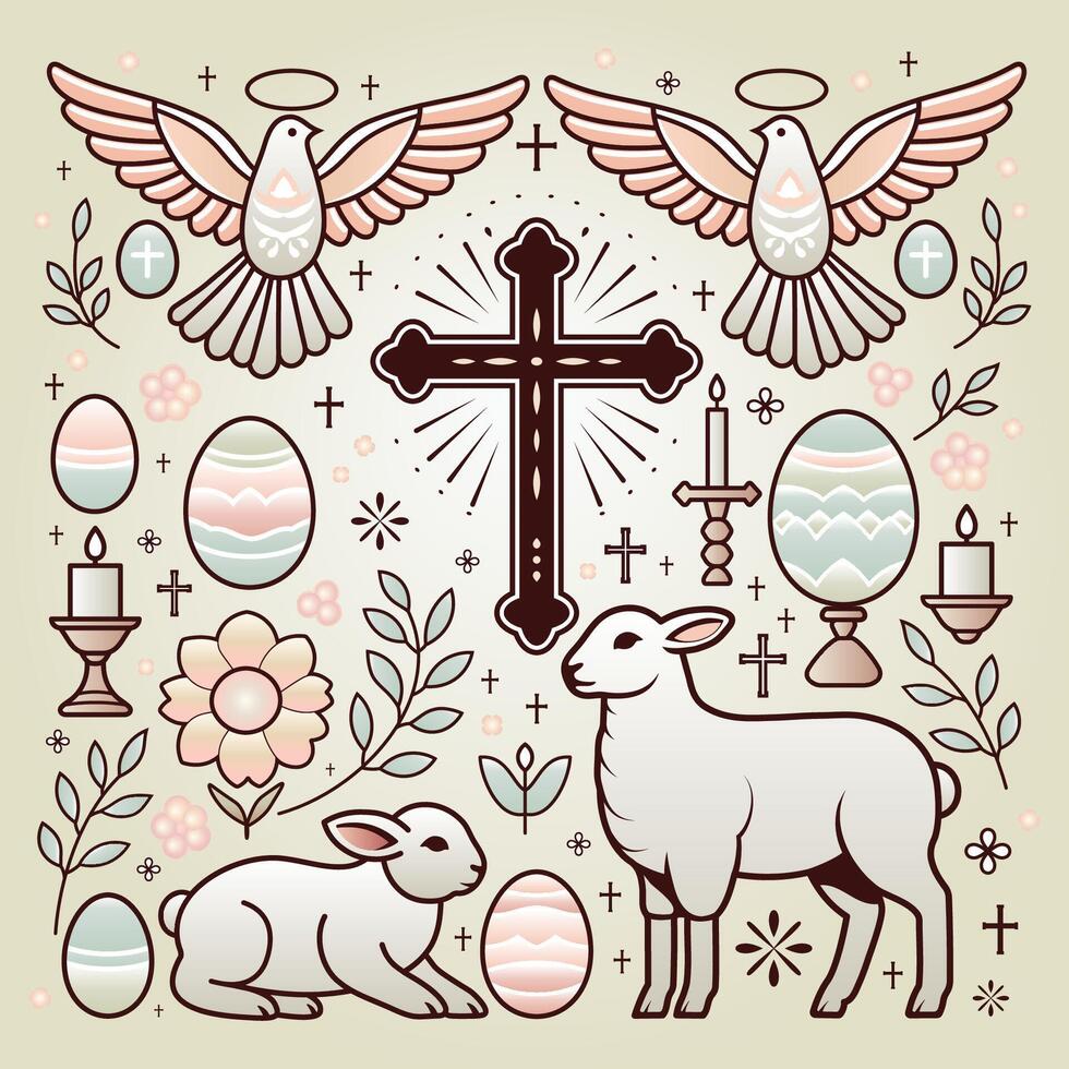 Easter Symbols Illustration. Easter Greeting Card, traditional Easter symbols, including eggs, candles, a cross, and doves on a beige background vector