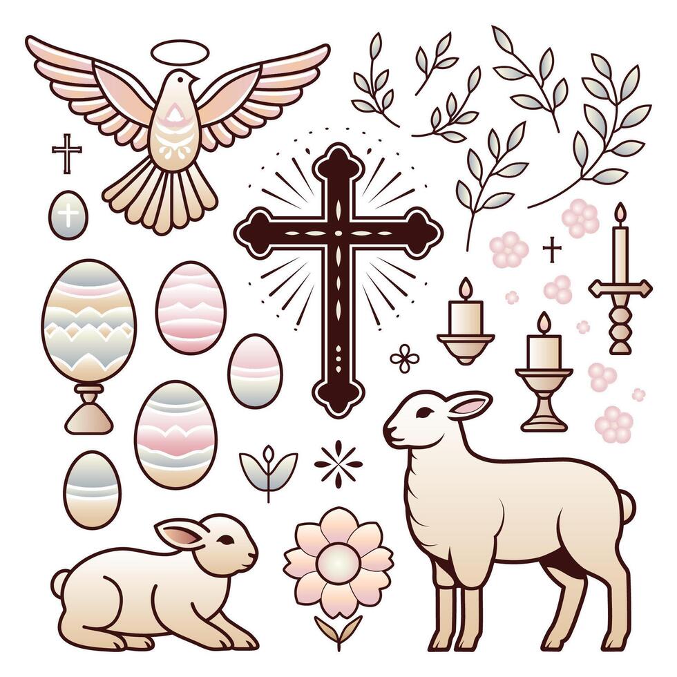 Easter Symbols Set Illustration. Easter elements featuring traditional Easter symbols, including eggs, lambs, candles, a cross and dove on white background vector