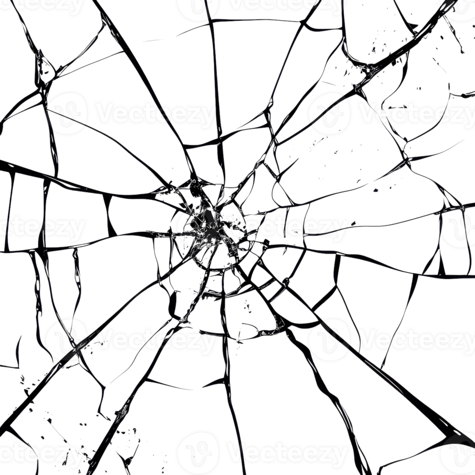Black Line Cracked Screen Texture on transparent background. png