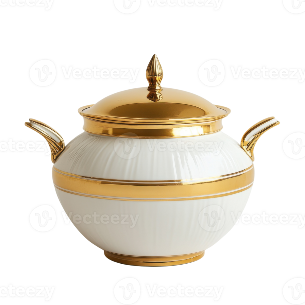Elegant White Gold Pot with Lid on transparent background. png