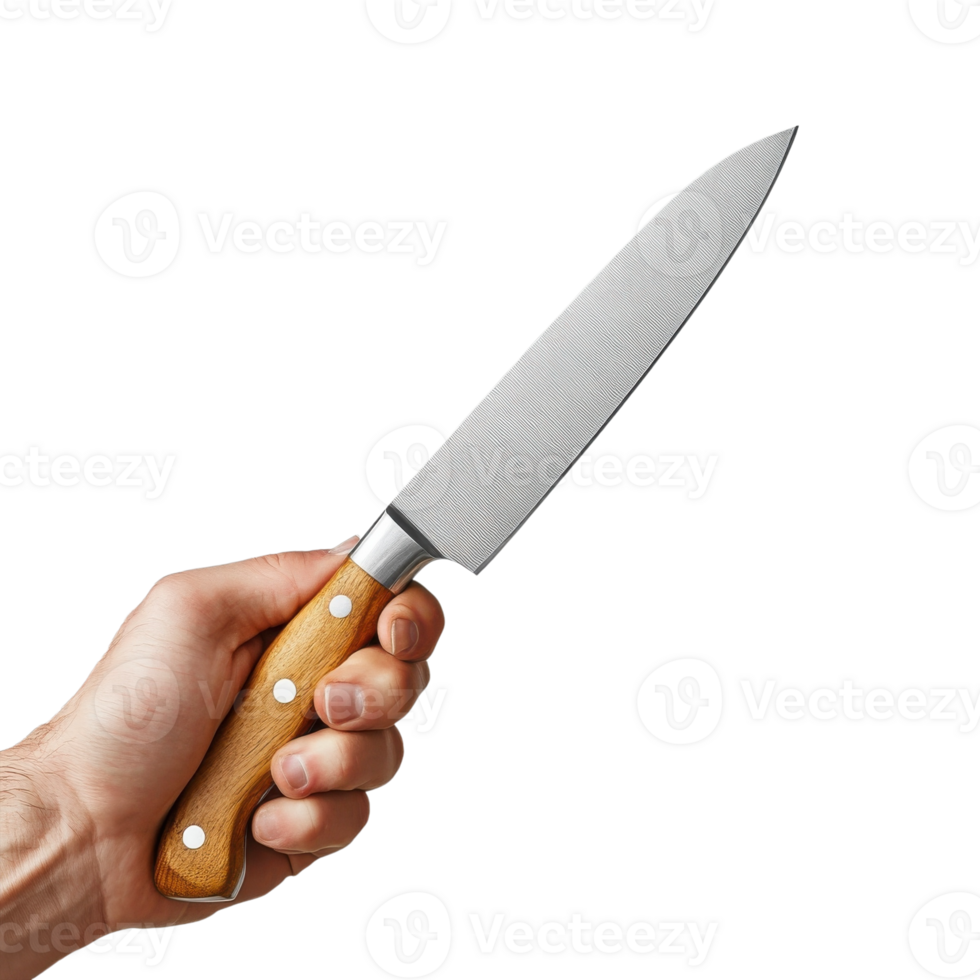 Culinary Tools Chefs Knife in Hand on transparent background. png
