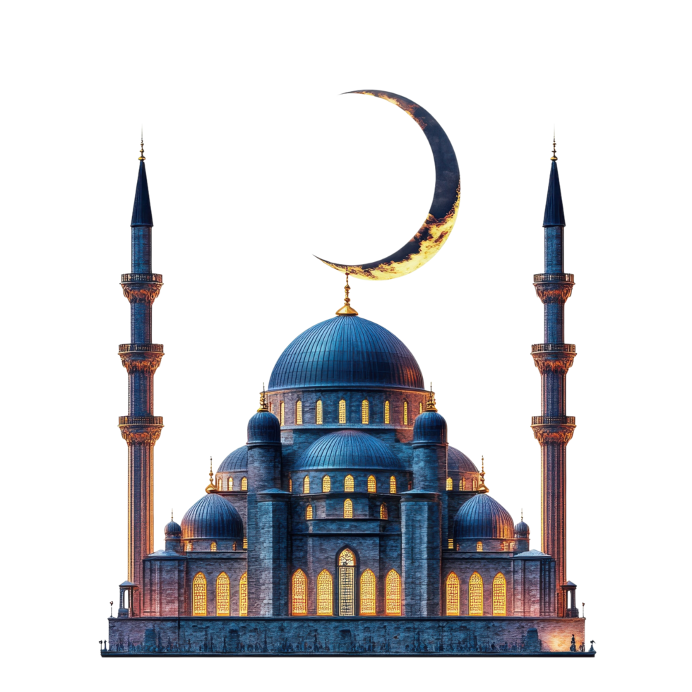 Majestic Blue Mosque Crescent Moon on transparent background. png