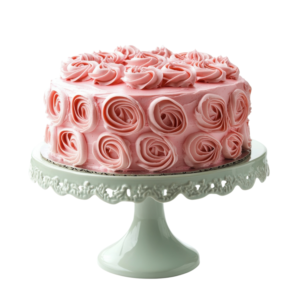 Pink Frosted Cake on Decorative Stand on transparent background. png