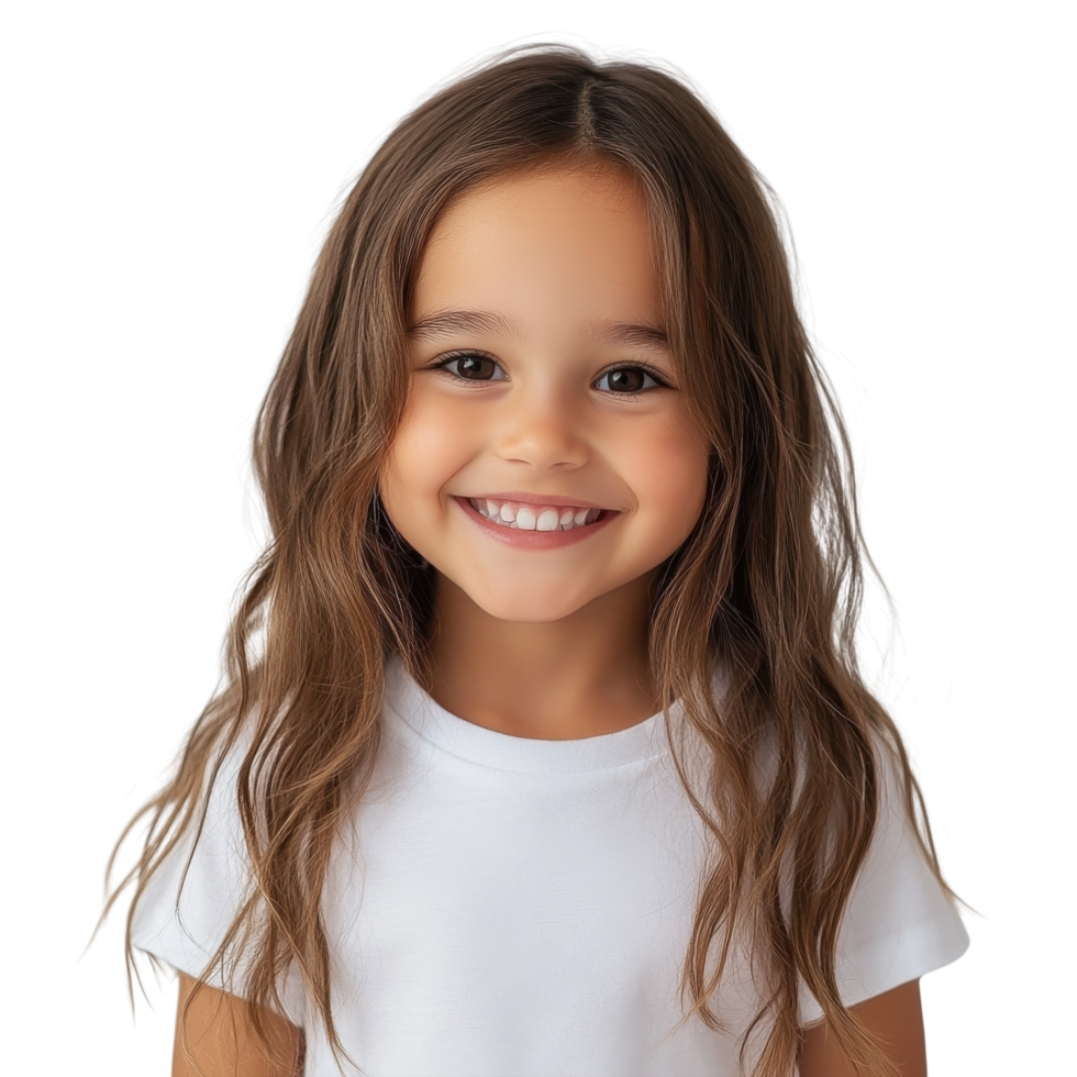 Smiling Girl Portrait White T Shirt on transparent background. png