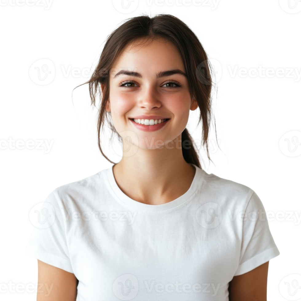 Smiling Woman in White T Shirt on transparent background. png