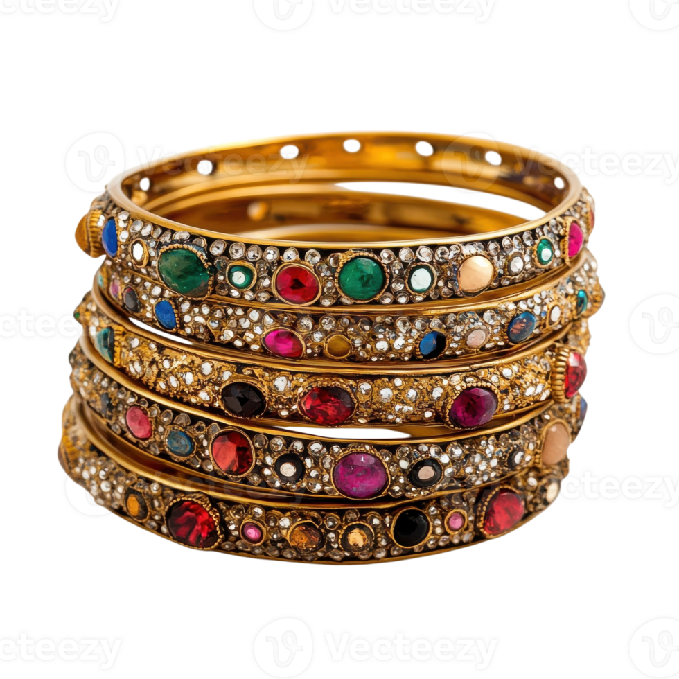 Colorful Bangle Stack Jewel Tones on transparent background. png