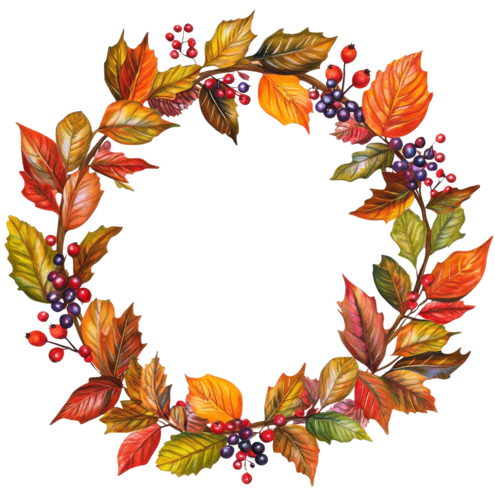 Autumn Fall Wreath Colorful Leaves on transparent background. png
