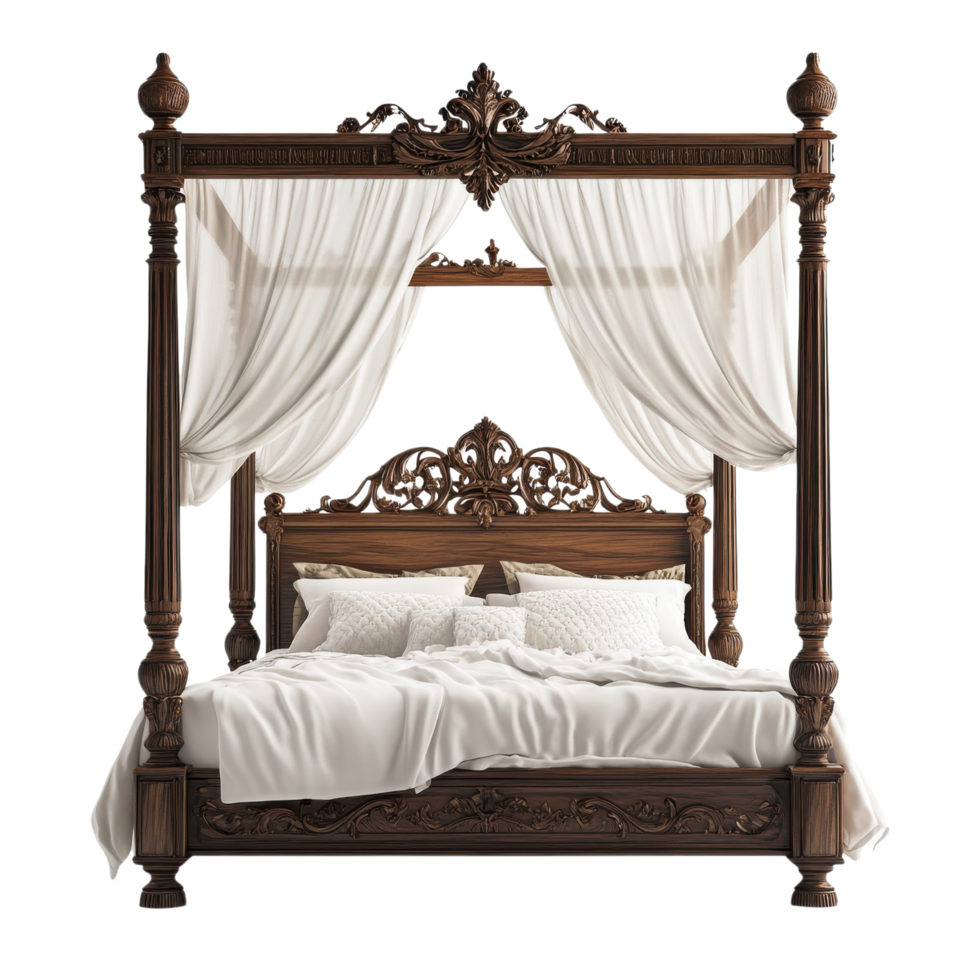 Elegant Four Poster Bed in White Room on transparent background. png