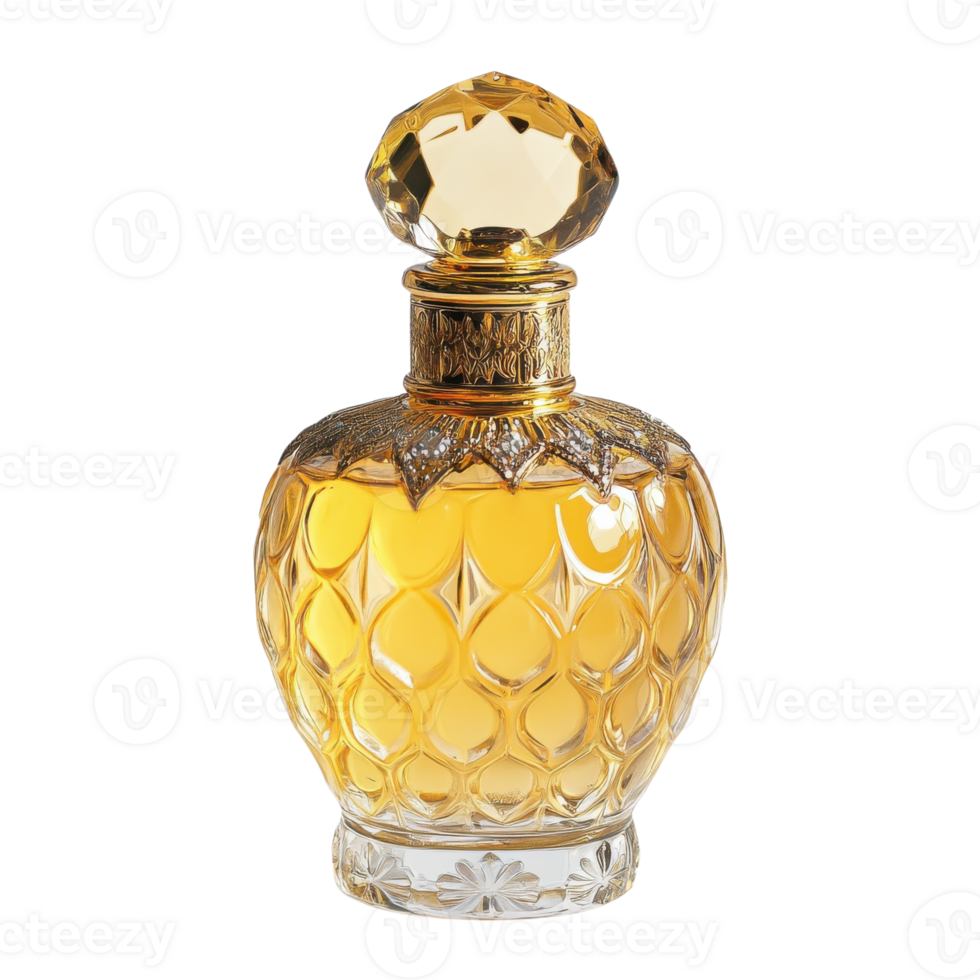 Luxury Golden Perfume Bottle on transparent background. png