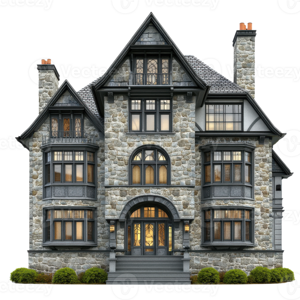 Grey Stone Mansion Large Windows on transparent background. png