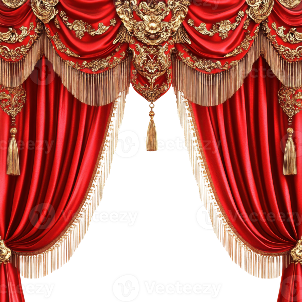 Red Curtain with Gold Details on transparent background. png
