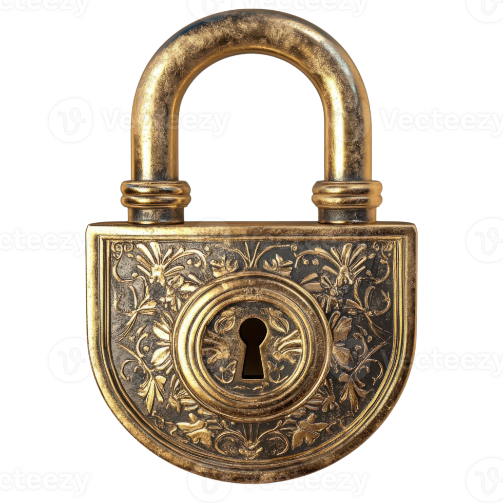 Vintage Gold Lock with Ornamentation on transparent background. png